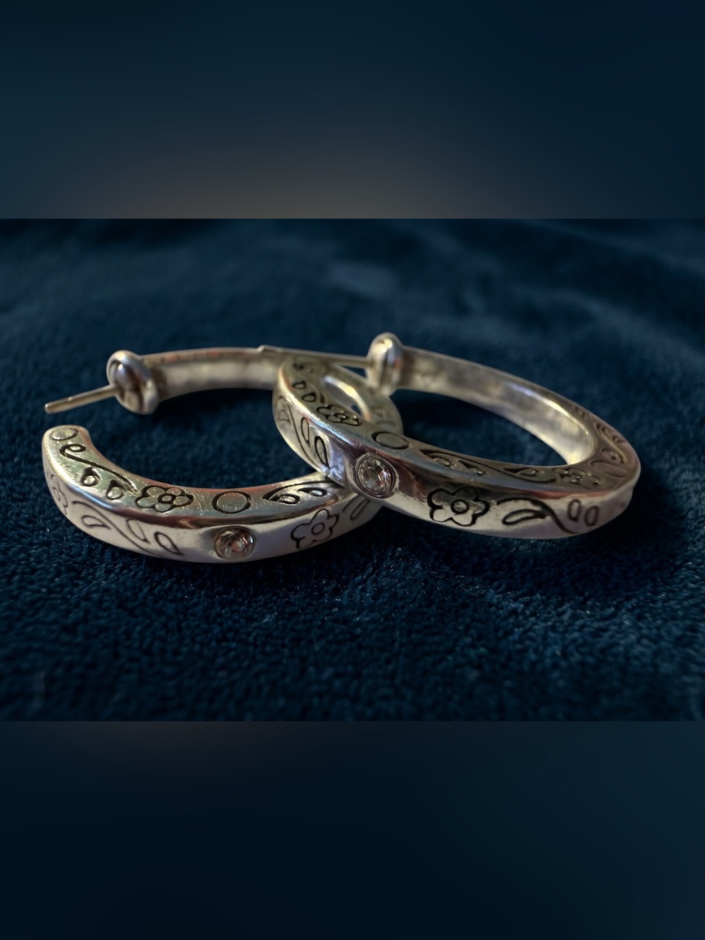 Brighton Vintage Silver Floral Hoop Earrings with Clear Stones